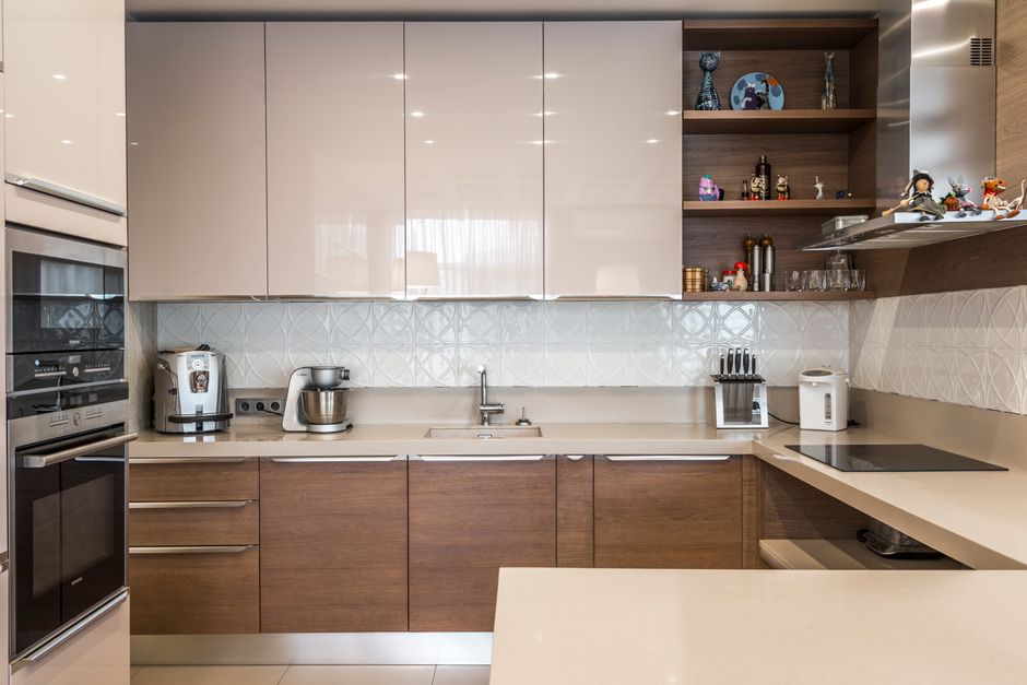 Wooden cabinets in a bright home interior