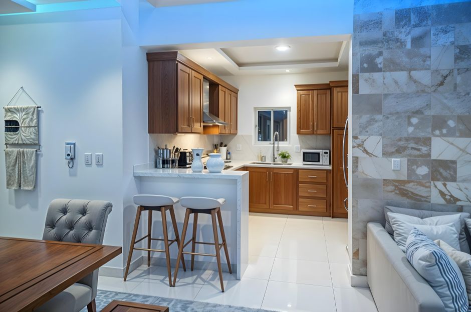 Painted cabinetry and a countertop in a finished room